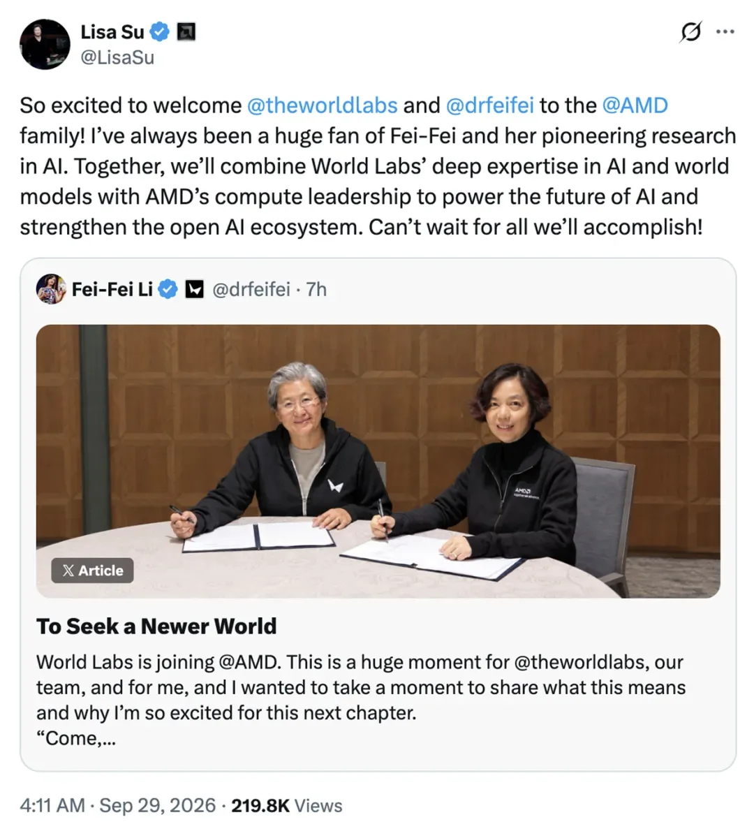 AMD同意以约82亿美元的全股票交易收购人工智能研究公司World Labs。